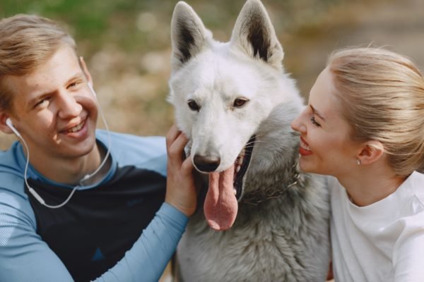 Picture of a couple having fun with their dog outdoors